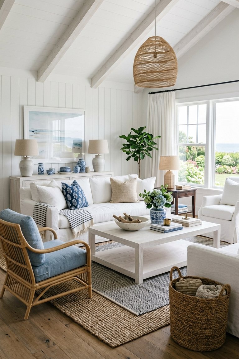 AI-generated designer version of the Hamptons / Coastal living room