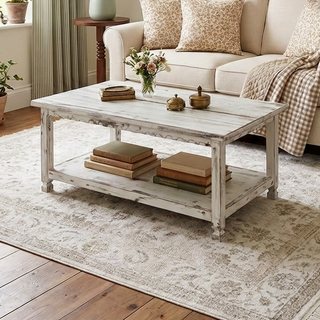 Alaterre Furniture Country Cottage 42" Rustic Rectangular Coffee Table, White Antique Finish