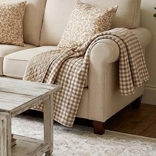 Levtex Home - Camden Gingham Stitch Taupe Quilted Throw (50x60in), Taupe and Cream, Reversible, Cotton