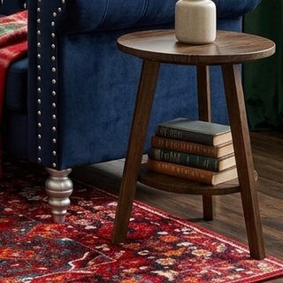 Lantine Solid Wood Round End Table with Storage Shelf, Dark Brown