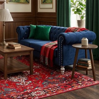 Home Design Emma Contemporary Velvet Rolled Arm Chesterfield Sofa with Diamond Tufted Back and Nailhead Trim, Navy Blue