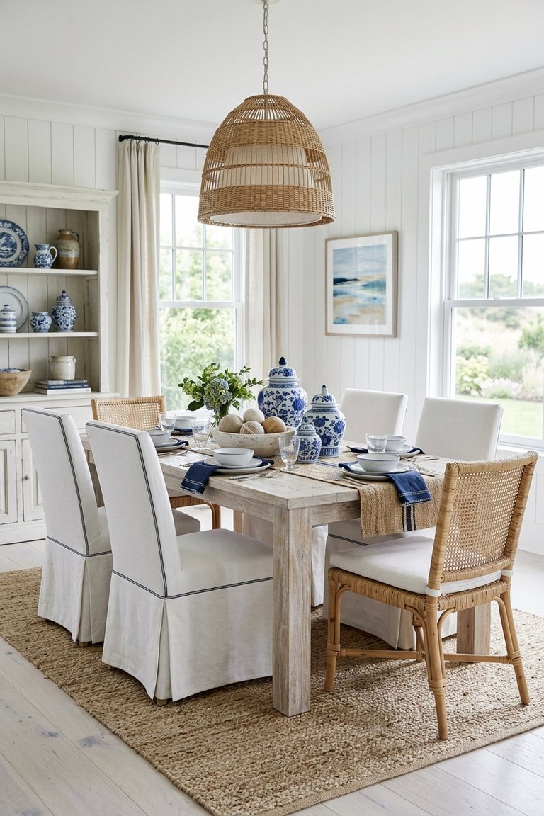 AI-generated designer version of the Hamptons / Coastal dining room