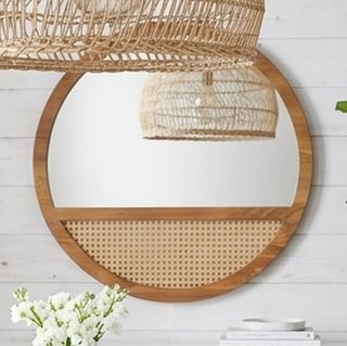 24" Boho Round Natural Wood Rattan Wall Mirror