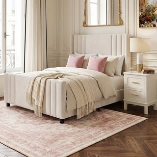 VanAcc Queen Size Bed Frame, Velvet Upholstered Platform Bed with Vertical Channel Tufted Headboard & Footboard/Wingback, Cream