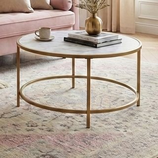 36 in. White & Gold Faux Marble Round Coffee Table