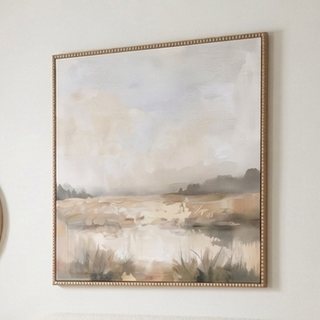 Kate and Laurel Neutral Abstract Landscape Framed Canvas Wall Art Print, Sylvie Beaded Rustic Natural, 30x30