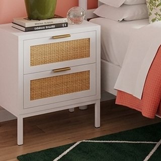 Aupodin Farmhouse Rattan 2-Drawers White Nightstand